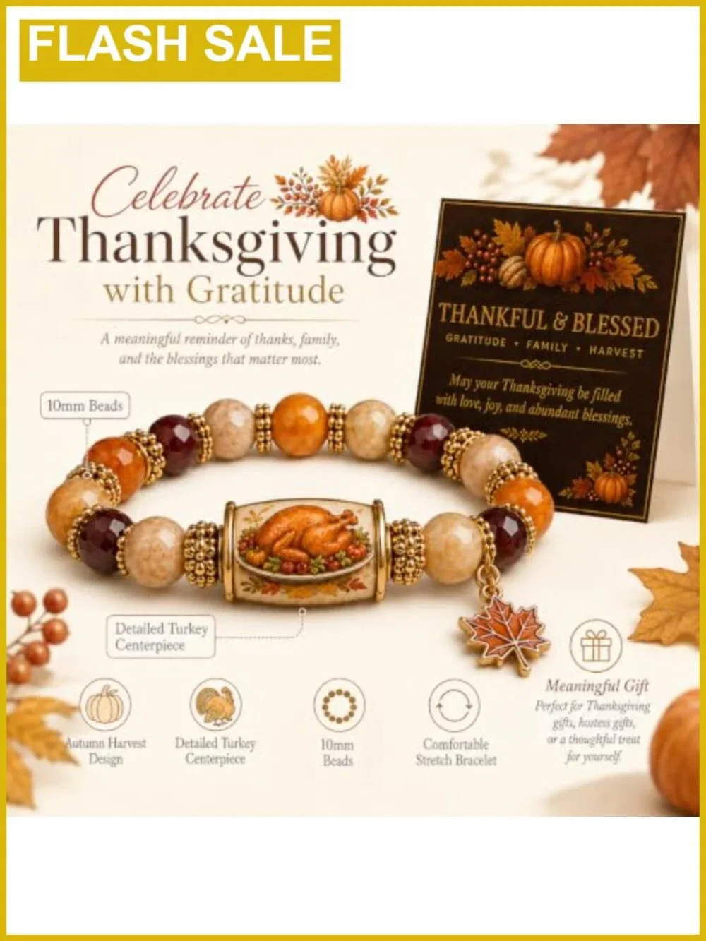 Thanksgiving Charm Bracelet for Women Adjustable Beaded Stretch Blessing